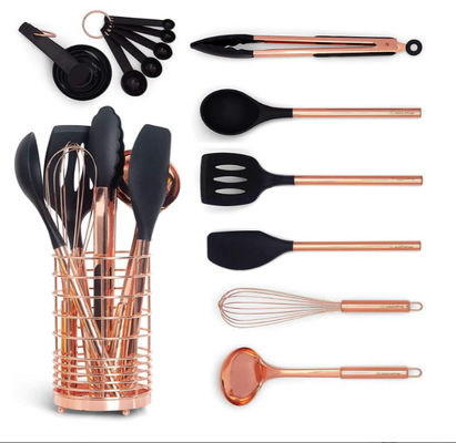 17 Piece Set Black Silicone & Copper Kitchen Utensils Rose Gold