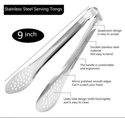 Stainless Steel Kitchen Food Tongs 9in Length Corrosionproof