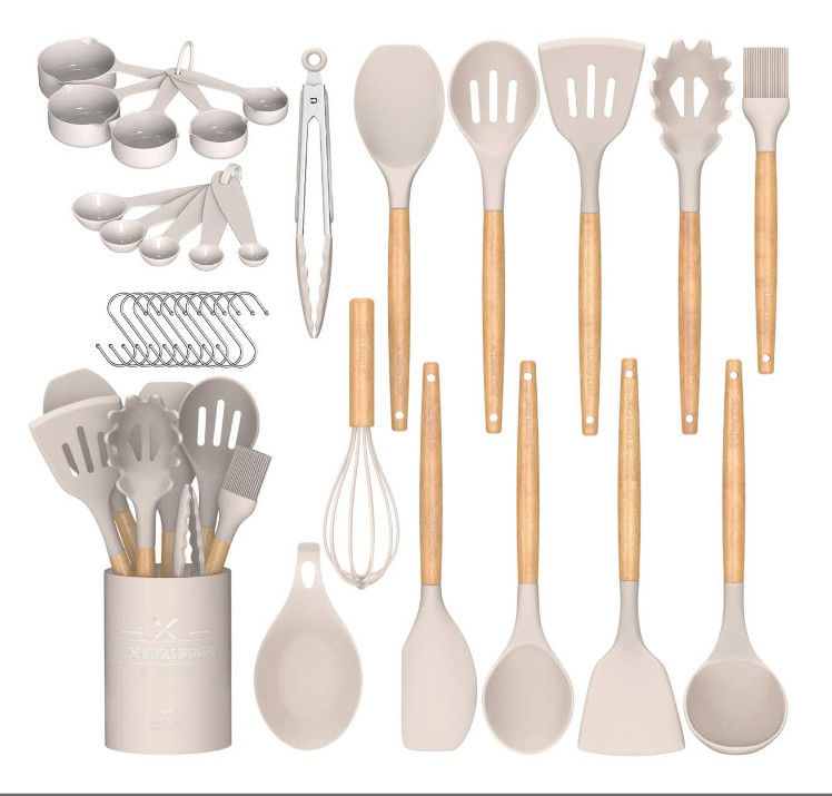 White Silicone Utensils With Wooden Handles Rustproof Scaldingproof