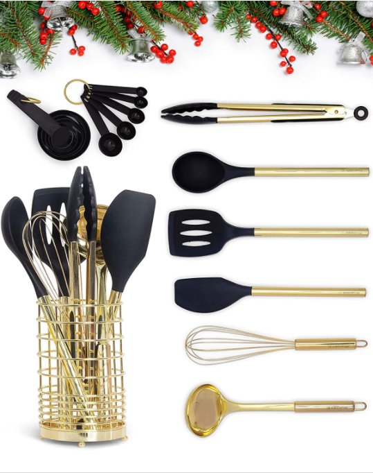 Schwarze Goldküchen-Geräte mit Goldkochgerät-Satz des Metallgoldgerät-Halter-17PC schließt schwarzes Goldmessbecher mit ein